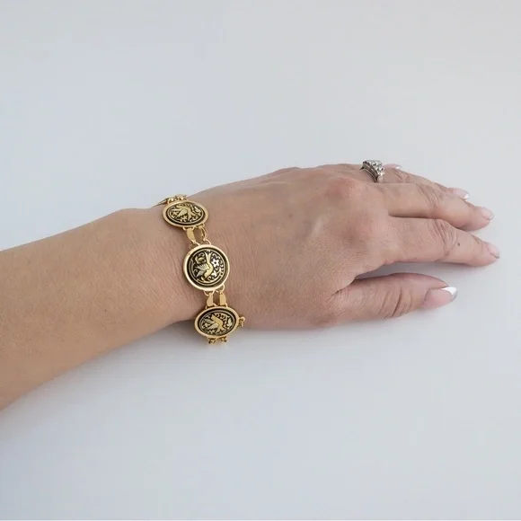 Vintage Damascene Medallion Jewelry Set IA Midas Toledo Spain Gold Tone & Enamel - Picture 12 of 15